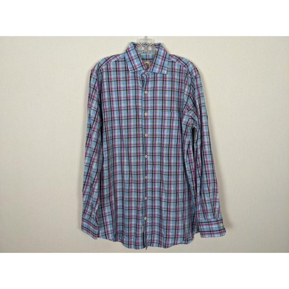 Peter Millar long‎ sleeve blue plaid men shirt M